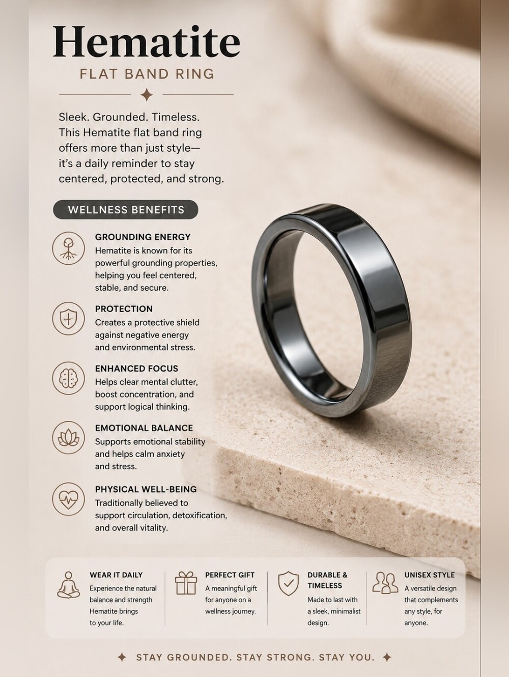 Hematite Flat Band Ring — Polished Gray Women’s Ring Flat Side